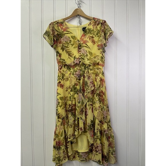 MAISON TARA VNECK DRESS W/ FRILL SLEEVES Floral Chiffon Midi Dress‎ size 8 EUC! - Picture 1 of 11